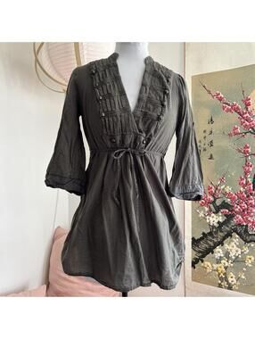 Vintage Whimsigoth Khaki Tunic Top Drawstring Waist Flare sleeve Gorpcore Small